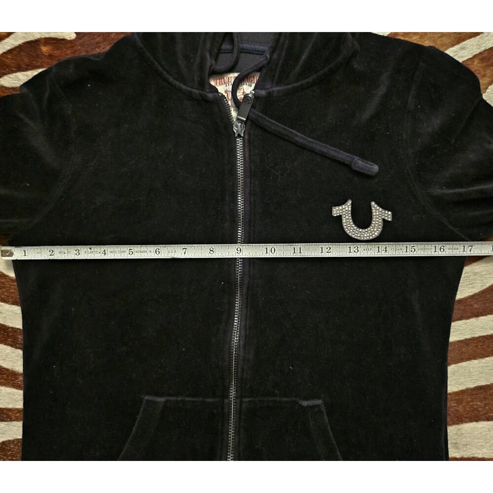 Y2K True Religion Hoodie Womens Black Velour Graphic Rhinestones Zip Ladies Xs - Picture 6 of 7